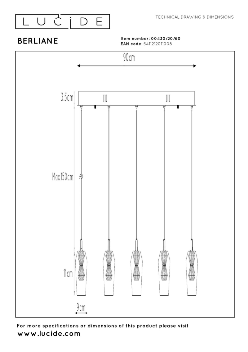 Lucide BERLIANE - Závesné svietidlo - LED Dim. - 5x3W 3000K - Transparent